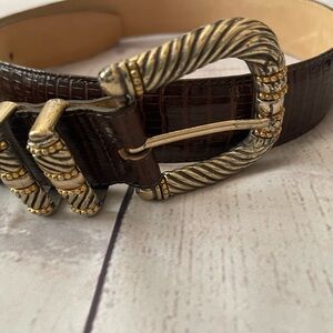 Brighton Brown Leather Textured Metal Ring Belt M